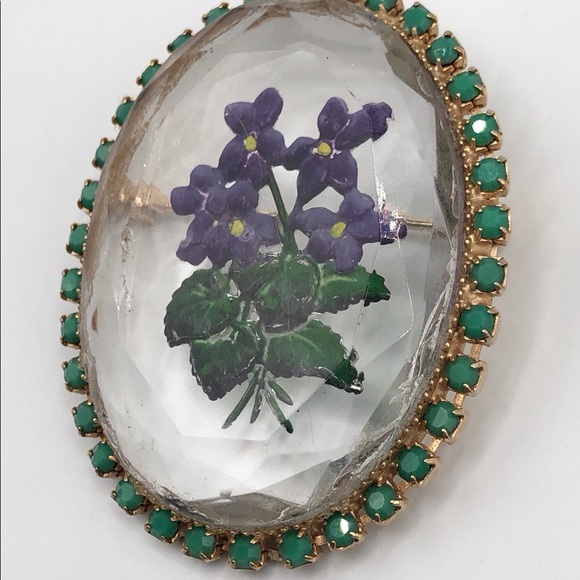 Vintage Reverse Hand Painted Glass Rhinestone Pin - Picture 2 of 9